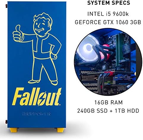 Настолен PC игри iBUYPOWER Fallout Essential ограничена серия (Intel i5-9600K 3,7 Ghz, NVIDIA GeForce GTX 1060 3 GB, 16 GB оперативна памет DDR4-2666, 1 TB твърд диск, 240 GB, SSD, Wi-Fi е включен, водно охлаждане, Win 10