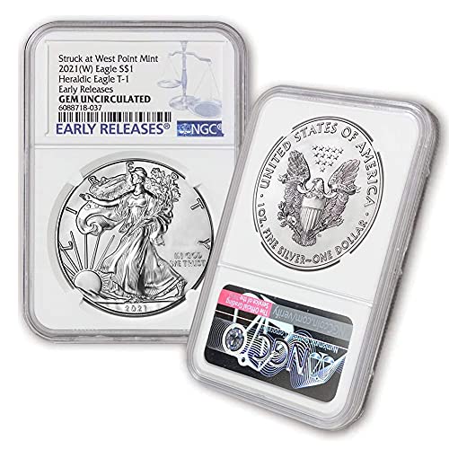 2021 (W) Комплект от (2) сребърни монети Американски Орел с тегло 1 унция (Тип 1 и Тип 2 - Скъпоценен камък, без лечение - Ранните издания - Чеканен на монетния двор на West Point)