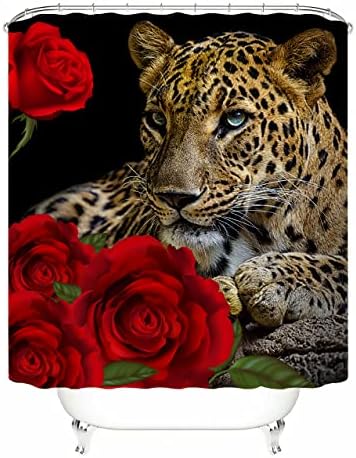 Завеса за душ под формата на червени рози с Леопардовым принтом Котка, Завеса за баня с 12 куки, Романтични Цветя, Декор за Баня,