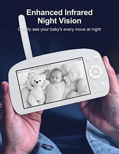 Видеоняня 5,5 720p HD Видео Бебе Монитор, батерия 5000 mah, 26-часово наблюдение на звука, Нощно виждане, Дистанционно завой, наклон, двупосочен разговор, VOX, Температура, напо