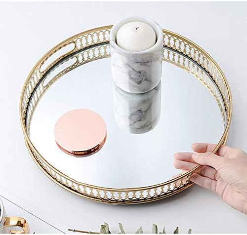 HomDSim Ретро Златен Огледален Тава Кръгла форма (12,6 инча) с Декоративен Геометричен покритие от месинг и Стъкло, Органайзер за