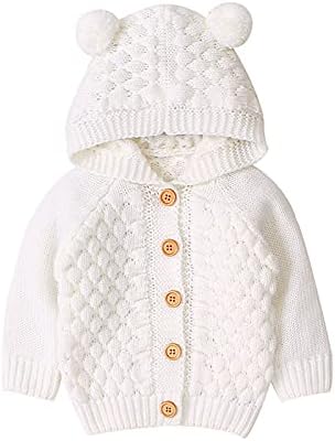 Зимно яке за малки момичета и момчета, Топло палто, вязаная Връхни Дрехи, Пуловер с качулка, Детска дъждобран, Детски яке (Бял, 3-6 м)