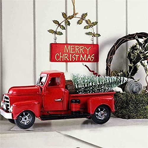 HEVIRGO Червен Камион с Коледни коледни елхи Ферма Коледен Червен Камион Декор Селска Къща Ретро Червен Камион Коледна Миниатюра