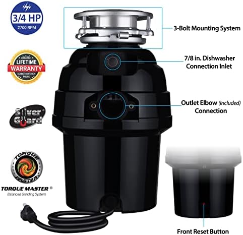 Waste Maid 10-US-WM-458-3Б Система за раздробяване на хранителни отпадъци със защита От задръствания от Неръждаема Стомана, Защита от миризмата, 3/4 с. л. Deluxe, Черен