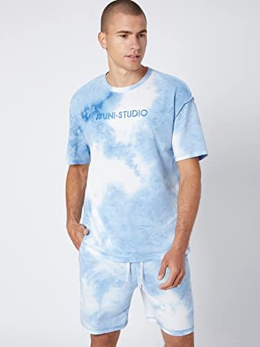 OSHHO Комплект дрехи от две части за мъже, вратовръзка-боя с бродирани букви, 1 Тениска, 1 Комплект шорти (Цвят: синьо и бяло размер: