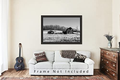 Принт снимка на страната (без рамка) е Черно-бяла фотография на селски плевнята и ограда в Ранния пролетен ден на ферма в Арканзас