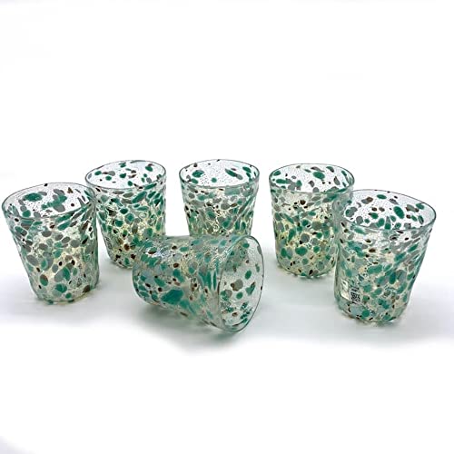 Муранское стъкло, Шест Чаши, ръчно изработени със Зелени акценти, Произведения на Изкуството от Бластване стъкло, YourMurano