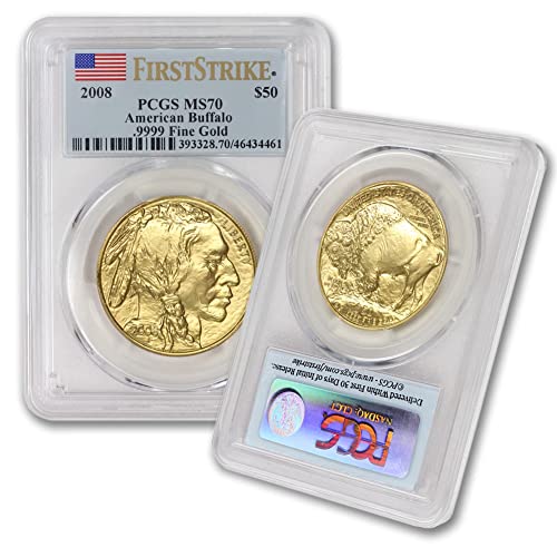 2008 Американската златна монета Buffalo MS-70 тегло 1 унция (етикет с флага на първи удар) 24 хиляди $50 бр. MS70