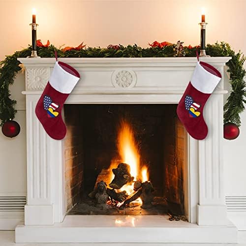 Преплитане на Сърцето Американски Флаг Колумбия Коледни Чорапи, Чорапи с Плюшено Камина, Висящи за Домашен интериор Елхи