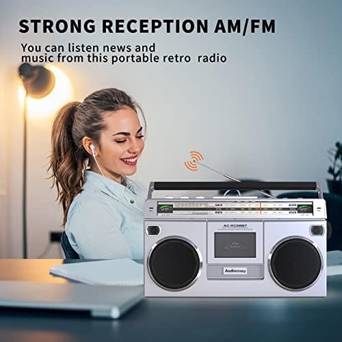 Audiocrazy RC88BT Ретро Boombox Кассетный Плейър с AM/FM Радио къси вълни Сребрист