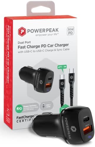 Зарядно за кола POWERPEAK с два порта за бързо зареждане PD, в комплект USB кабел за синхронизация-C с USB-C - Адаптер, зарядно