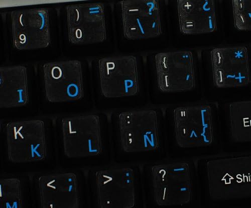 Етикети за испански (латинска америка) клавиатура 4Keyboard със Синя с Надпис ВЪРХУ Прозрачен фон за настолни компютри, лаптопи