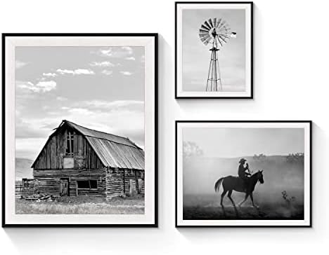 Селски Вид, Монтиране на изкуството в рамка: 3 предмет, черно-бяло Изображение на фермерска къща, Снимка на Стария Навес като Каубой,