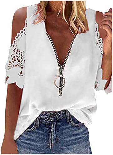 Женска Тениска с V-образно деколте с цип, Отворени рамене, Завързана деколте, Елегантен Върхове, Обикновен Блузи Свободно, Намаляване,