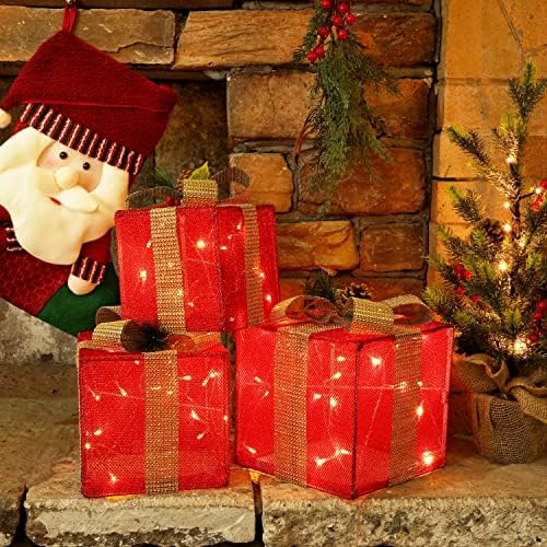 GUOOU Комплект от 3 Подарък Кутии с Осветление, Коледна Украса, 60 Кутии За Подаръци, Коледна Елха С Червена Подсветка, Коледна