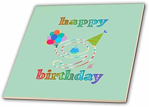 3dRose с 9-ти рожден ден торта със свещ, балони, шапка, боядисана плочки (ct_350730_1)