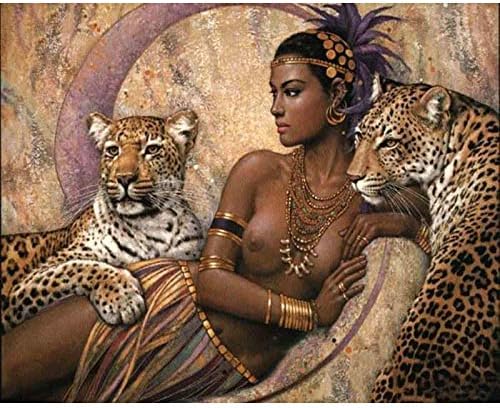 Комплекти художествени бои Shuzyh по Номера, Голи Секси Африканка и Леопард, Картина с маслени бои Направи си сам, Платно 16 × 20