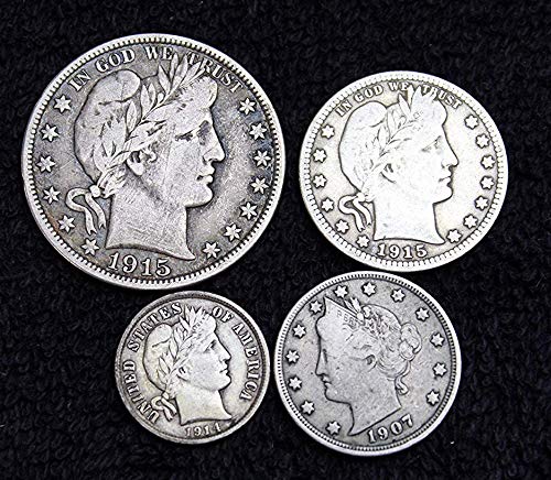 Монетна система Barber - Комплект от 4 различни монети - Полдоллара, Четвертак, десятицентовик, Никел-Сребро, Антични, Инвестиционни
