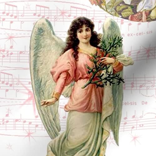 Плат Spoonflower - Ангелите на Високо Коледа Звезда Виктория музика Розово-Бяла Кърпа с принтом на Венчелистчетата Маркова Памучен