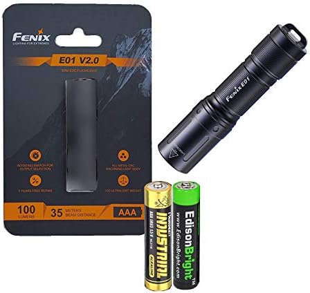 Led фенер Fenix E01 V2 капацитет от 100 лумена с комплект алкални батерии EdisonBright AAA (черен)