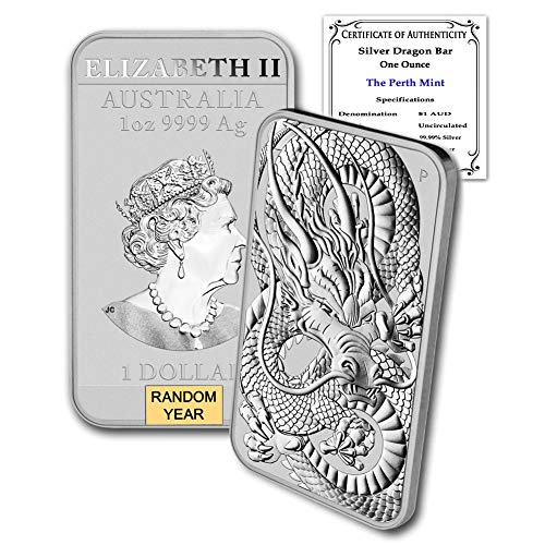 2018 г. - до Момента (Случаен година) Сребърен блок с тегло от 1 унция, Австралия, Мента Пърт Серия Dragon, Правоъгълна монета,