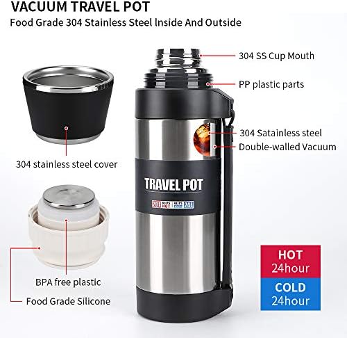 Термос от неръждаема стомана с чаша – 51 унция, Двухстенная Бутилка за вода с вакуумна изолация за пътуване - Голяма чаша за кафе