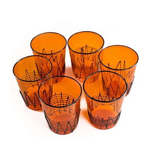 Муранское стъкло, Шест Оранжеви Чаши С Черни детайли, изделия от Стъкло, ръчно изработени Произведения на изкуството от Бластване