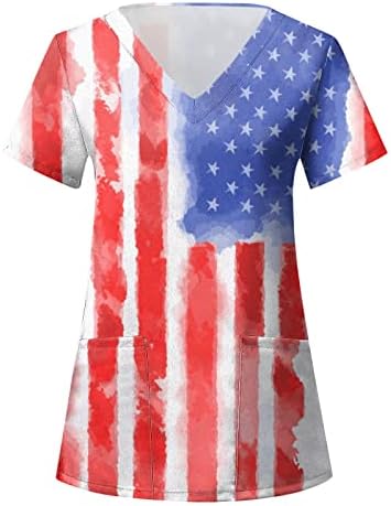 Женска Тениска с 4-ти юли, Флаг на САЩ, Лятна Блуза с Къс Ръкав и V-образно деколте, Топ, 2 Джоба, Забавна Празнична Ежедневни работни