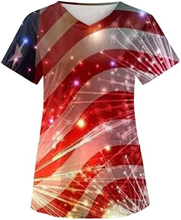 Дамска Блуза на 4 юли с Флага на САЩ, Лятна Тениска с Къс Ръкав и V-образно деколте и 2 Джобове, Забавна Празнична Ежедневни работни