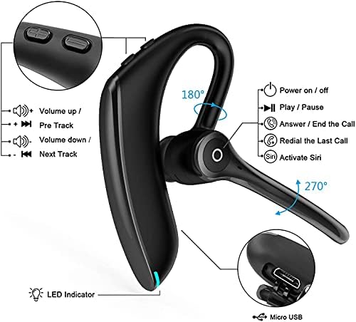 Слушалка Bluetooth, Безжична Слушалка Bluetooth V5.0, Слушалки, свободни ръце с Стереофоническим микрофон с Шумопотискане, Съвместими