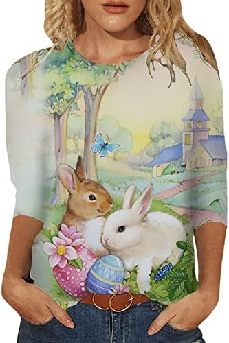 CGGMVCG Великденски Ризи за Жени с 3/4 Ръкав, Сладък 3D Принт Заек, Тениски с кръгло Деколте и ръкав Три Четвърти, Великденски Блузи