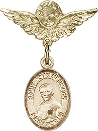 Иконата на детето Jewels Мания за талисман на Свети Джон Нойман и икона на Ангел с крила | Икона детето си от 14-каратово злато