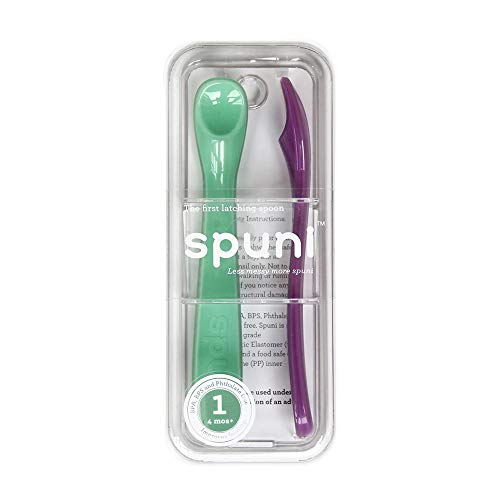 Spuni - Първата детска лъжичка за 4 месеца Напред, Ярко зелено и Пикантен-лилава, 2 опаковки